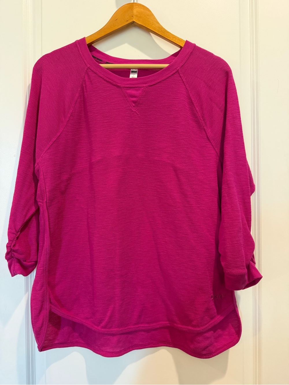 DKNY Sport Large Pink Thermal Knit Sweatshirt Ruched Sleeve Pullover Cotton Blen